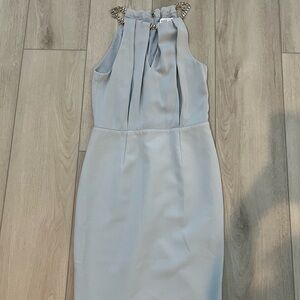 Reiss Light Blue Backless Dress with Embellished Neckline